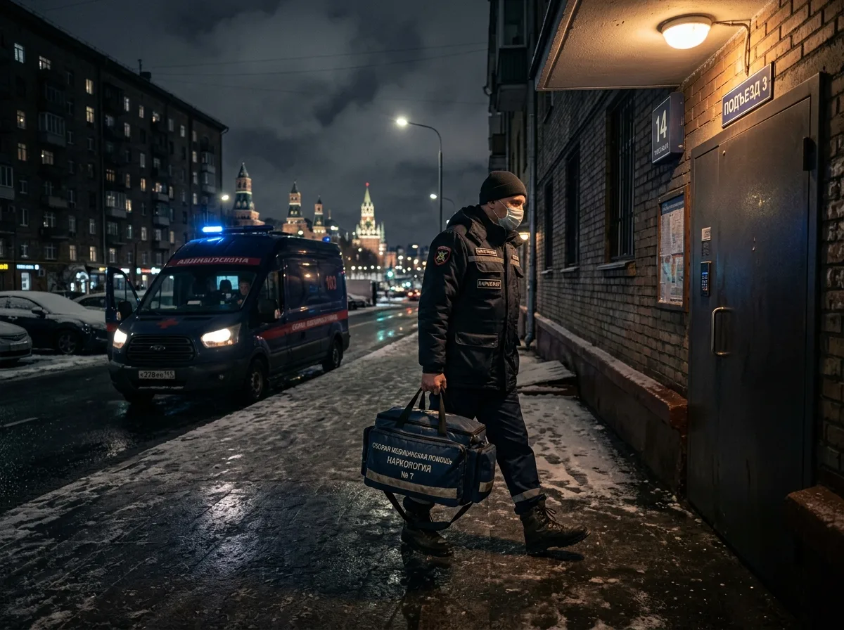 Врач-нарколог с медицинским чемоданом приезжает на вызов, ночная Воронеж, тёмный тон, профессиональная атмосфера