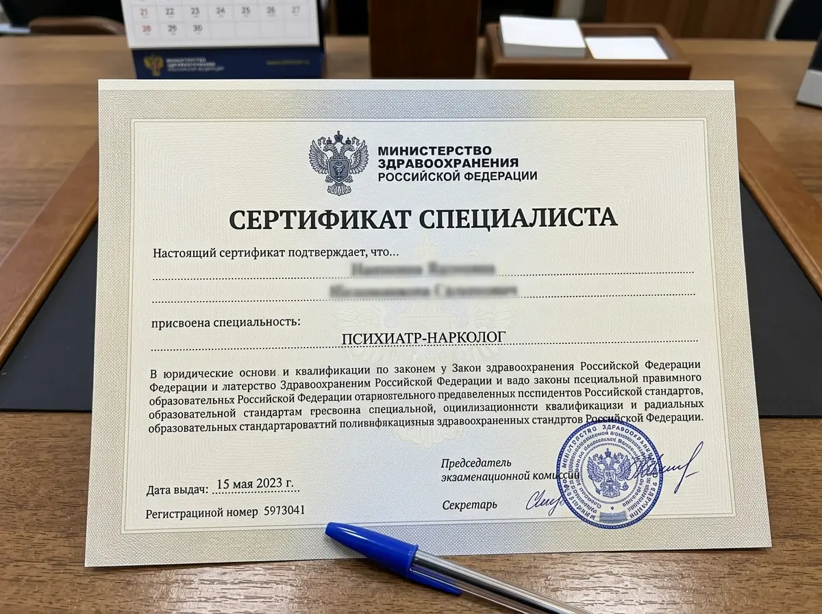 Сертификат специалиста врача психиатра-нарколога, официальный документ Минздрава РФ