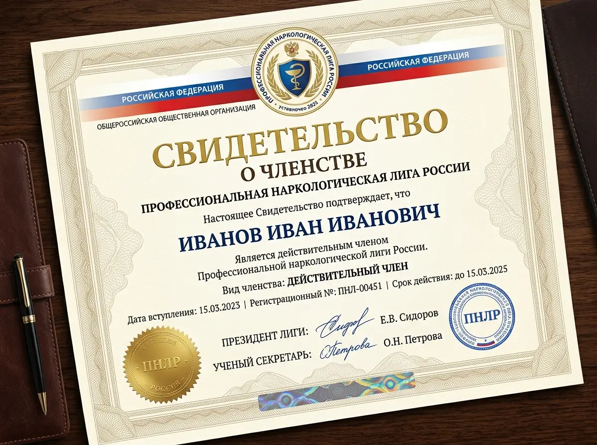 Свидетельство о членстве в Профессиональной наркологической лиге России, официальный бланк
